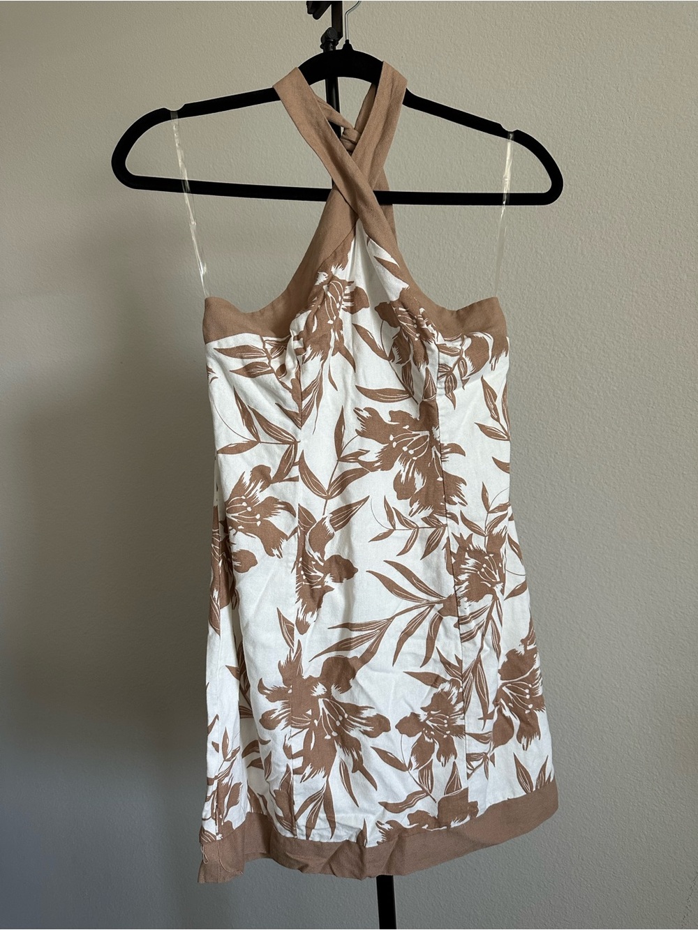 Cross-Back Floral Mini Dress in Taupe & White